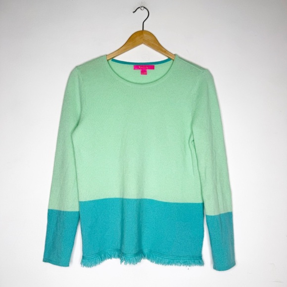 Lilly Pulitzer Rica Cashmere Sweater Size Small Blue Green Colorblock Fringe Hem - Picture 3 of 7